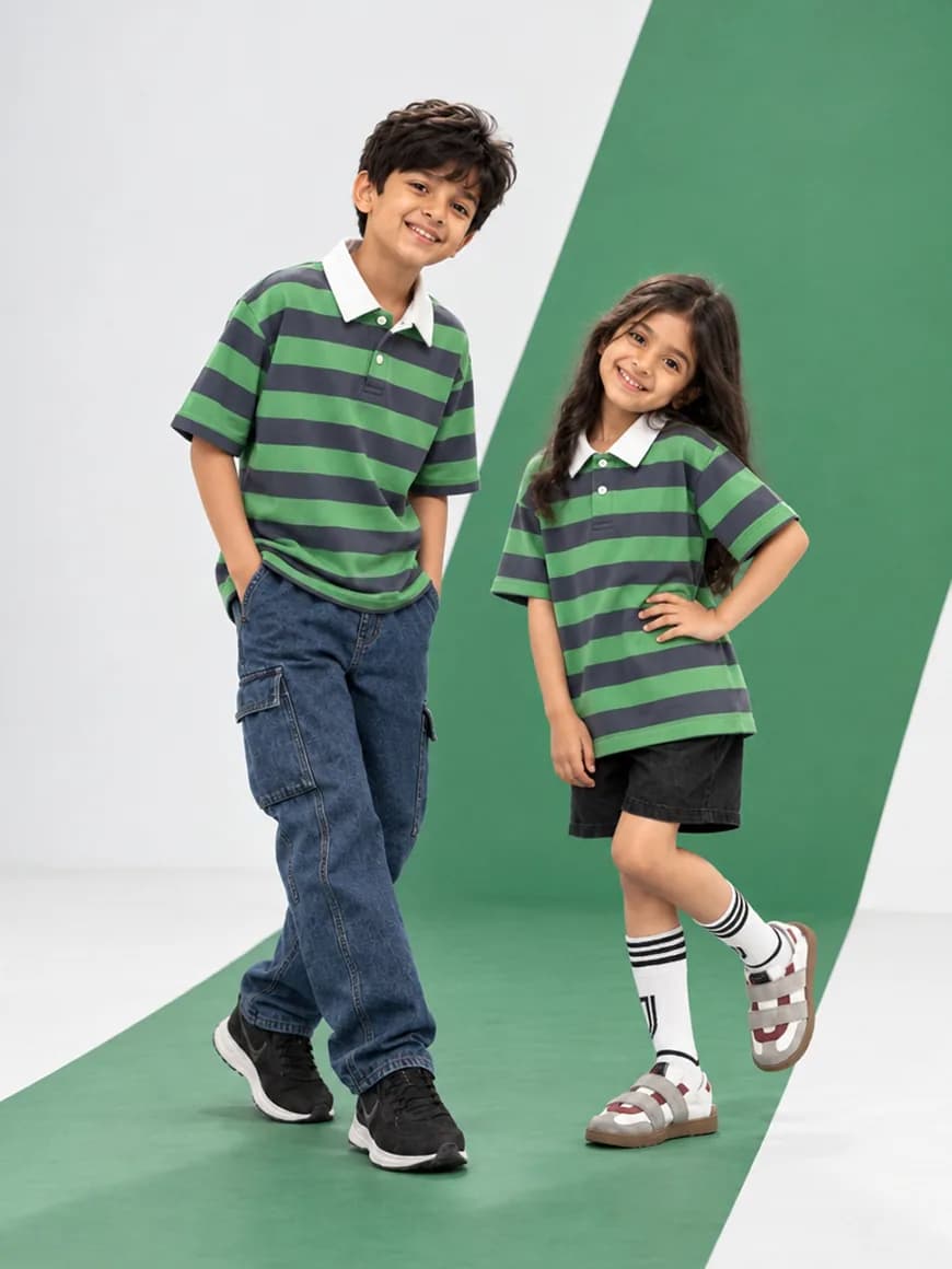 Grey & Green Stripe Collar T-Shirt