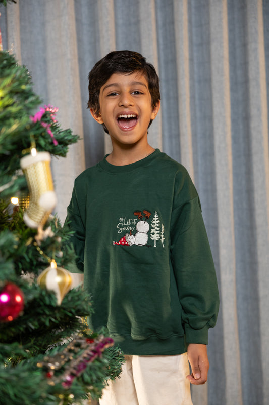 Holiday Snowman Embroidered Green Sweatshirt