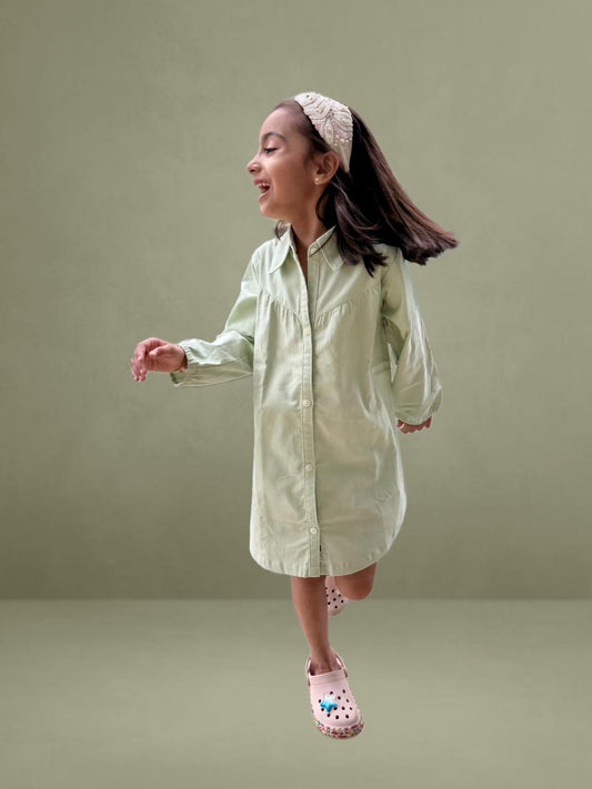 Organic Corduroy Shirt Dress in Mint Green